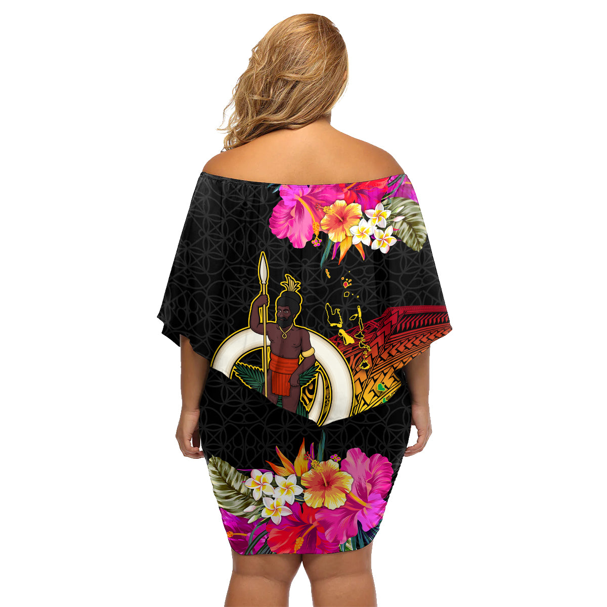 Vanuatu Ni-Van Family Matching Off Shoulder Short Dress and Hawaiian Shirt Coat of Arms Sand Drawing LT03 - Polynesian Pride