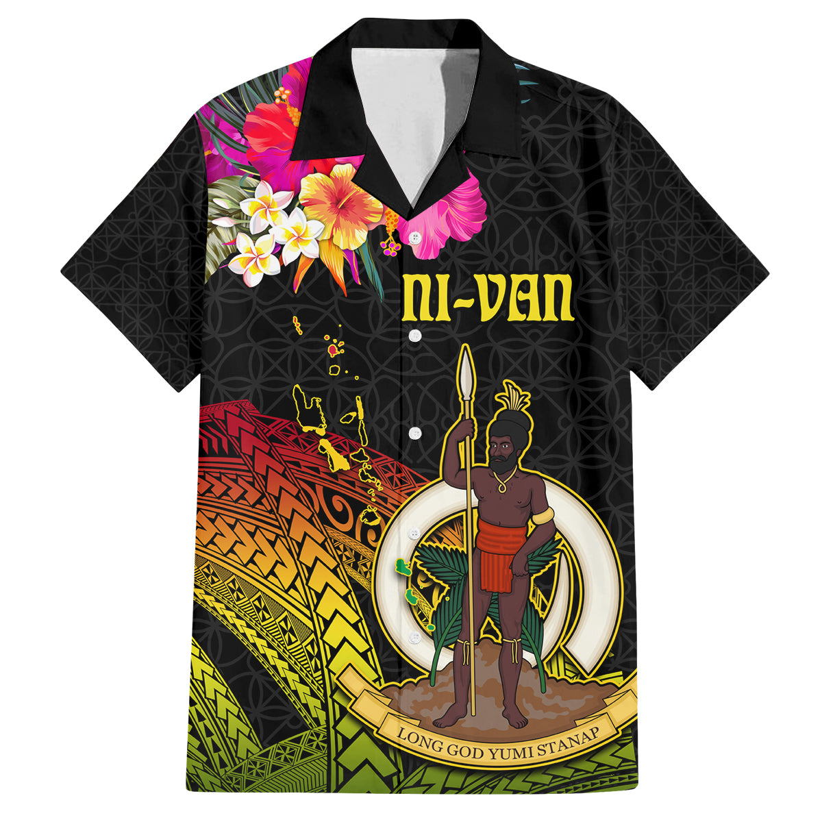 Vanuatu Ni-Van Family Matching Puletasi and Hawaiian Shirt Coat of Arms Sand Drawing LT03 Dad's Shirt - Short Sleeve Black - Polynesian Pride