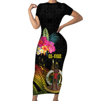 Vanuatu Ni-Van Family Matching Short Sleeve Bodycon Dress and Hawaiian Shirt Coat of Arms Sand Drawing LT03 Mom's Dress Black - Polynesian Pride