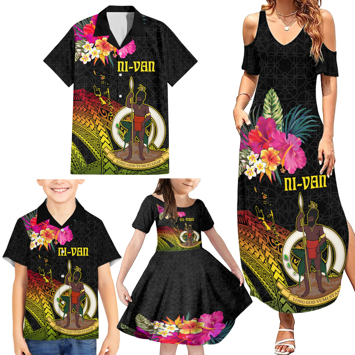 Vanuatu Ni-Van Family Matching Summer Maxi Dress and Hawaiian Shirt Coat of Arms Sand Drawing LT03 - Polynesian Pride
