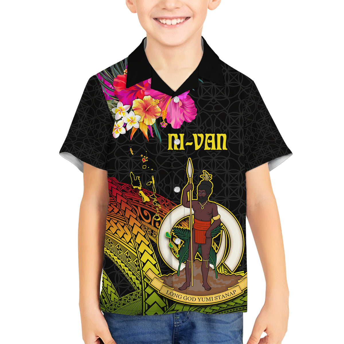 Vanuatu Ni-Van Family Matching Summer Maxi Dress and Hawaiian Shirt Coat of Arms Sand Drawing LT03 Son's Shirt Black - Polynesian Pride