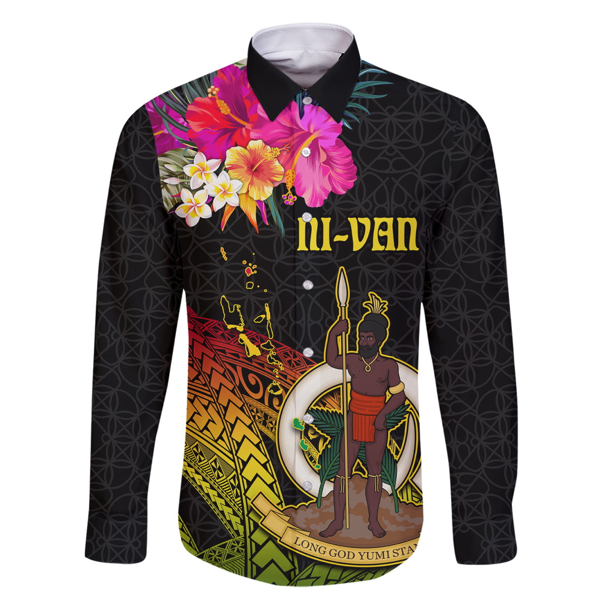 Vanuatu Ni-Van Family Matching Tank Maxi Dress and Hawaiian Shirt Coat of Arms Sand Drawing LT03 Dad's Shirt - Long Sleeve Black - Polynesian Pride