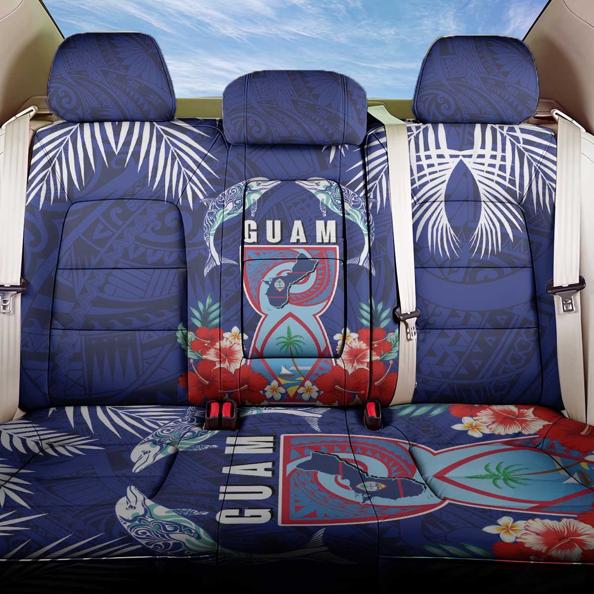 Guam Liberation Day Back Car Seat Cover The Tribal Latte Stone and Dolphins with Hibiscus Chamorro Culture LT03 One Size Blue - Polynesian Pride