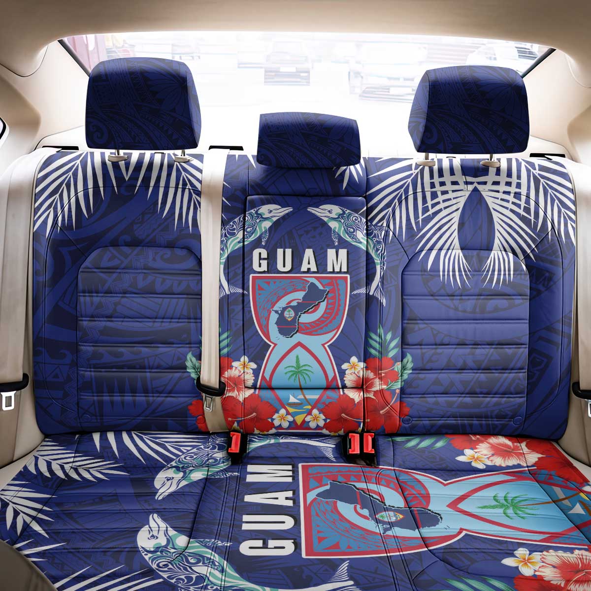 Guam Liberation Day Back Car Seat Cover The Tribal Latte Stone and Dolphins with Hibiscus Chamorro Culture LT03 - Polynesian Pride