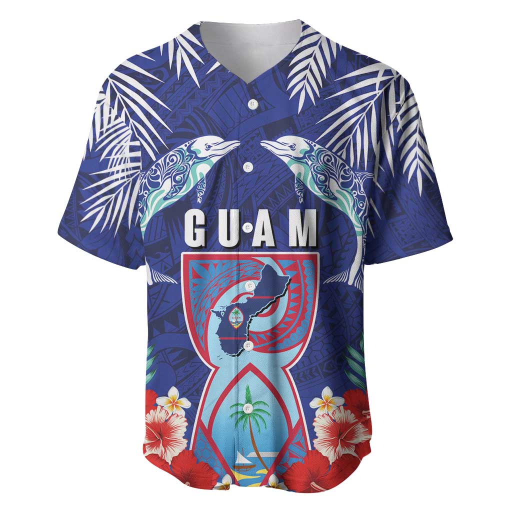 Guam Liberation Day Baseball Jersey The Tribal Latte Stone and Dolphins with Hibiscus Chamorro Culture LT03 Blue - Polynesian Pride