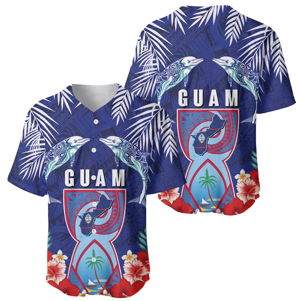 Guam Liberation Day Baseball Jersey The Tribal Latte Stone and Dolphins with Hibiscus Chamorro Culture LT03 - Polynesian Pride