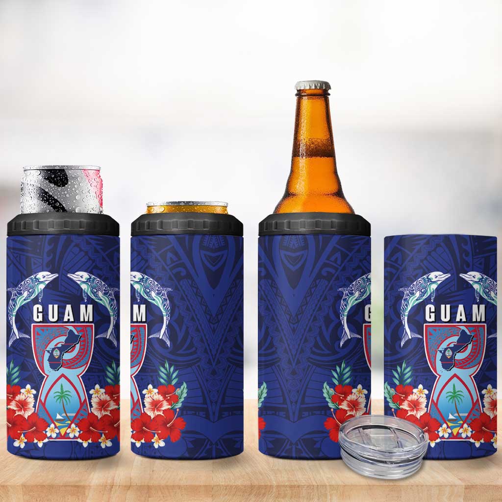 Guam Liberation Day 4 in 1 Can Cooler Tumbler The Tribal Latte Stone and Dolphins with Hibiscus Chamorro Culture LT03 - Polynesian Pride