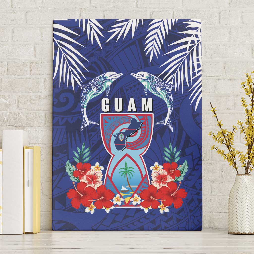 Guam Liberation Day Canvas Wall Art The Tribal Latte Stone and Dolphins with Hibiscus Chamorro Culture LT03 Without Frame Blue - Polynesian Pride