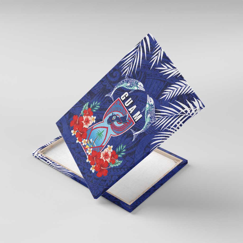 Guam Liberation Day Canvas Wall Art The Tribal Latte Stone and Dolphins with Hibiscus Chamorro Culture LT03 With Frame Blue - Polynesian Pride