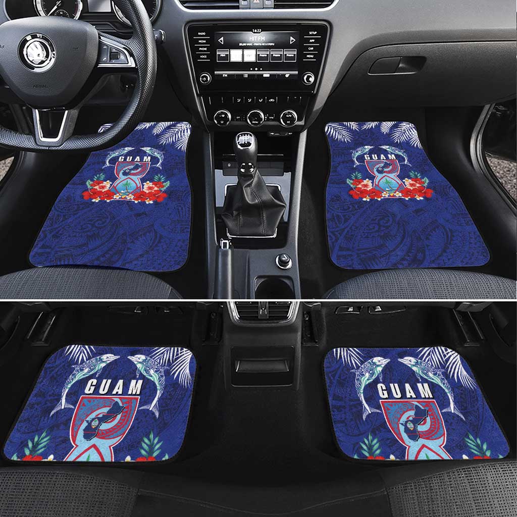 Guam Liberation Day Car Mats The Tribal Latte Stone and Dolphins with Hibiscus Chamorro Culture LT03 Set 4pcs Blue - Polynesian Pride