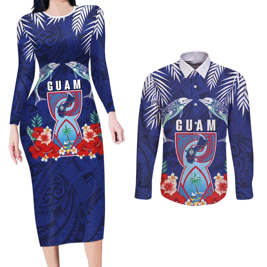 Guam Liberation Day Couples Matching Long Sleeve Bodycon Dress and Long Sleeve Button Shirt The Tribal Latte Stone and Dolphins with Hibiscus Chamorro Culture LT03 Blue - Polynesian Pride