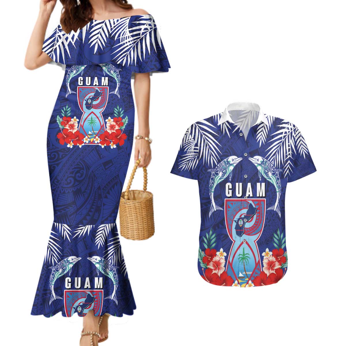 Guam Liberation Day Couples Matching Mermaid Dress and Hawaiian Shirt The Tribal Latte Stone and Dolphins with Hibiscus Chamorro Culture LT03 Blue - Polynesian Pride