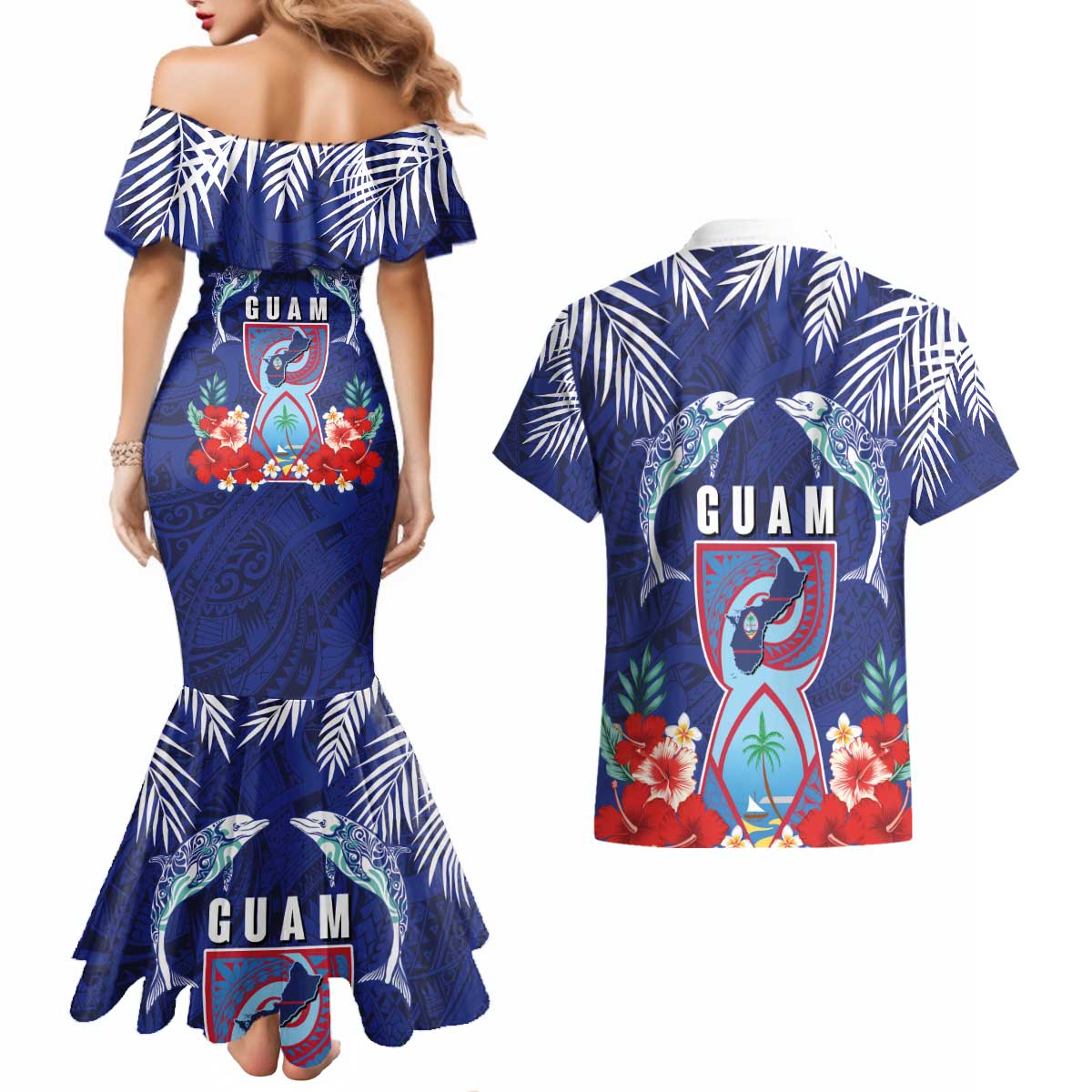 Guam Liberation Day Couples Matching Mermaid Dress and Hawaiian Shirt The Tribal Latte Stone and Dolphins with Hibiscus Chamorro Culture LT03 - Polynesian Pride