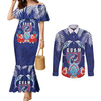 Guam Liberation Day Couples Matching Mermaid Dress and Long Sleeve Button Shirt The Tribal Latte Stone and Dolphins with Hibiscus Chamorro Culture LT03 Blue - Polynesian Pride