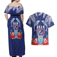 Guam Liberation Day Couples Matching Off Shoulder Maxi Dress and Hawaiian Shirt The Tribal Latte Stone and Dolphins with Hibiscus Chamorro Culture LT03 - Polynesian Pride