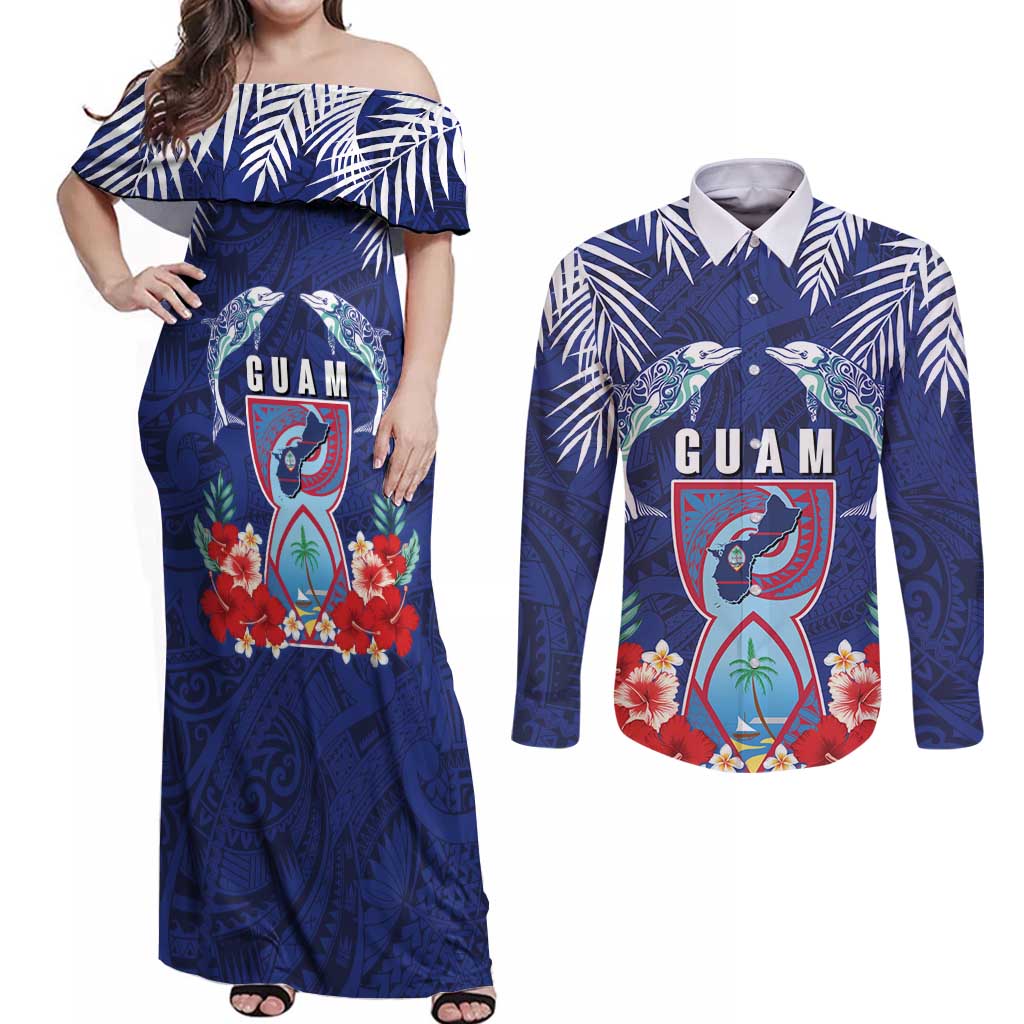 Guam Liberation Day Couples Matching Off Shoulder Maxi Dress and Long Sleeve Button Shirt The Tribal Latte Stone and Dolphins with Hibiscus Chamorro Culture LT03 Blue - Polynesian Pride