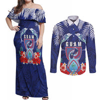Guam Liberation Day Couples Matching Off Shoulder Maxi Dress and Long Sleeve Button Shirt The Tribal Latte Stone and Dolphins with Hibiscus Chamorro Culture LT03 Blue - Polynesian Pride