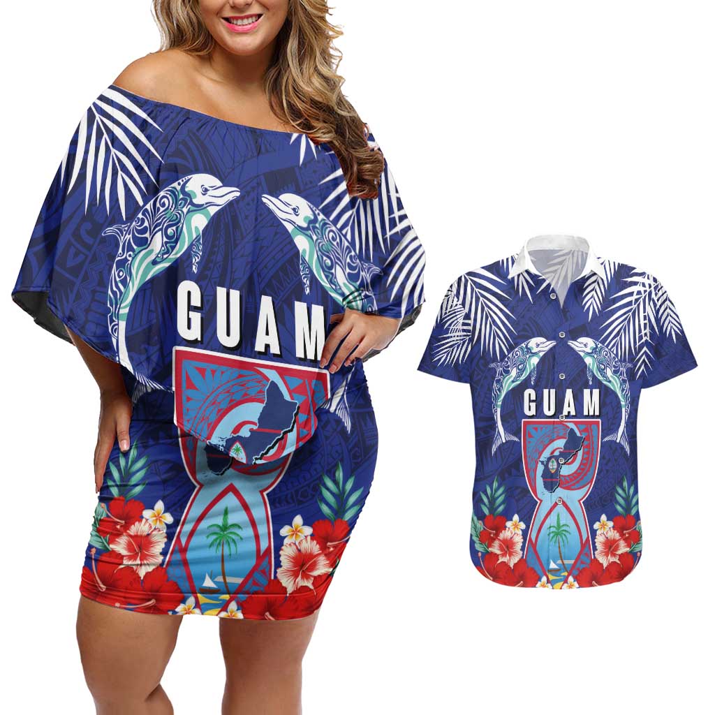 Guam Liberation Day Couples Matching Off Shoulder Short Dress and Hawaiian Shirt The Tribal Latte Stone and Dolphins with Hibiscus Chamorro Culture LT03 Blue - Polynesian Pride