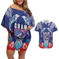 Guam Liberation Day Couples Matching Off Shoulder Short Dress and Hawaiian Shirt The Tribal Latte Stone and Dolphins with Hibiscus Chamorro Culture LT03 Blue - Polynesian Pride