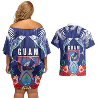 Guam Liberation Day Couples Matching Off Shoulder Short Dress and Hawaiian Shirt The Tribal Latte Stone and Dolphins with Hibiscus Chamorro Culture LT03 - Polynesian Pride