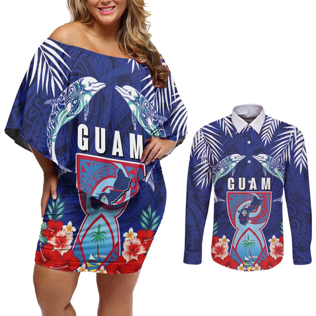 Guam Liberation Day Couples Matching Off Shoulder Short Dress and Long Sleeve Button Shirt The Tribal Latte Stone and Dolphins with Hibiscus Chamorro Culture LT03 Blue - Polynesian Pride