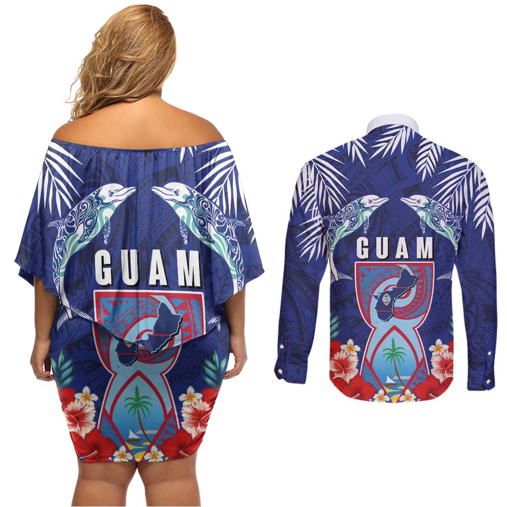 Guam Liberation Day Couples Matching Off Shoulder Short Dress and Long Sleeve Button Shirt The Tribal Latte Stone and Dolphins with Hibiscus Chamorro Culture LT03 - Polynesian Pride