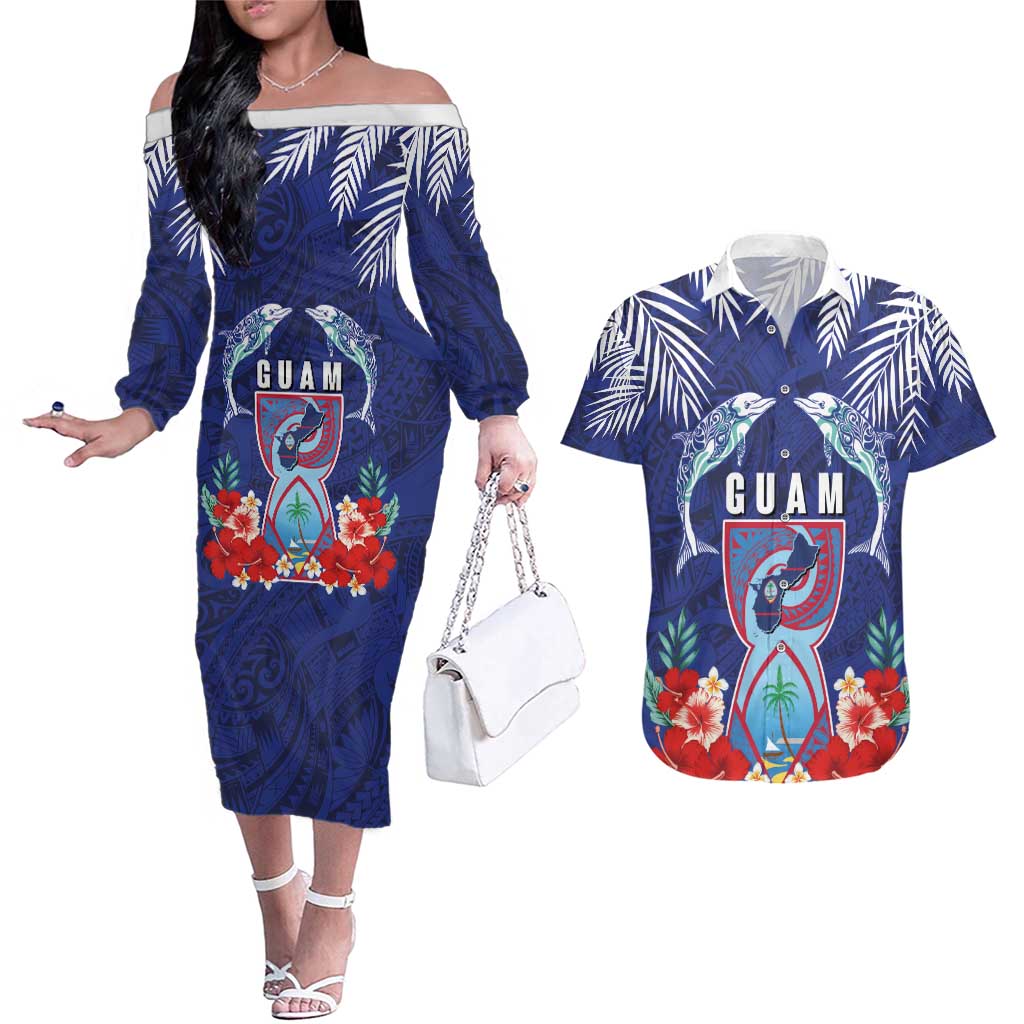Guam Liberation Day Couples Matching Off The Shoulder Long Sleeve Dress and Hawaiian Shirt The Tribal Latte Stone and Dolphins with Hibiscus Chamorro Culture LT03 Blue - Polynesian Pride