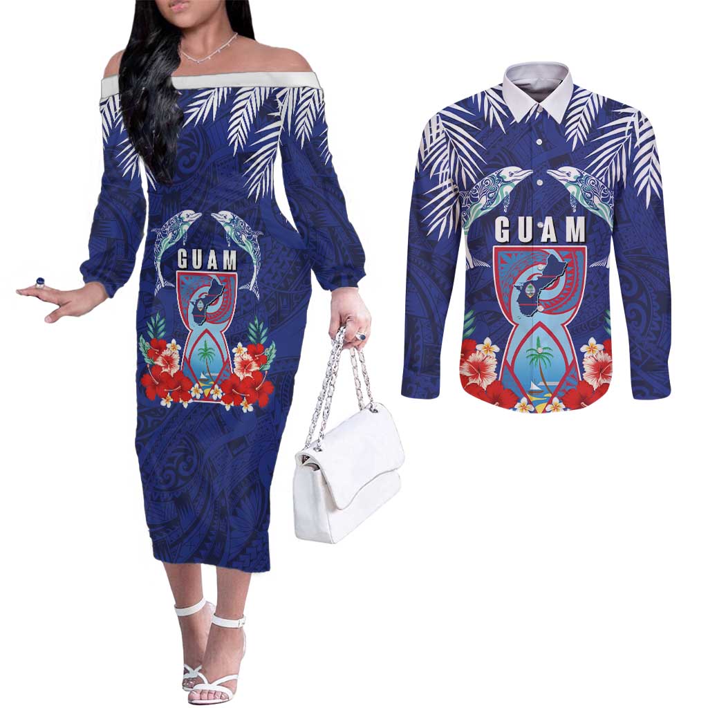 Guam Liberation Day Couples Matching Off The Shoulder Long Sleeve Dress and Long Sleeve Button Shirt The Tribal Latte Stone and Dolphins with Hibiscus Chamorro Culture LT03 Blue - Polynesian Pride