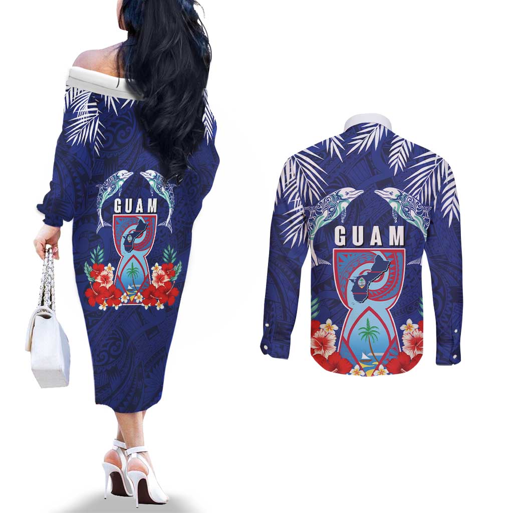 Guam Liberation Day Couples Matching Off The Shoulder Long Sleeve Dress and Long Sleeve Button Shirt The Tribal Latte Stone and Dolphins with Hibiscus Chamorro Culture LT03 - Polynesian Pride
