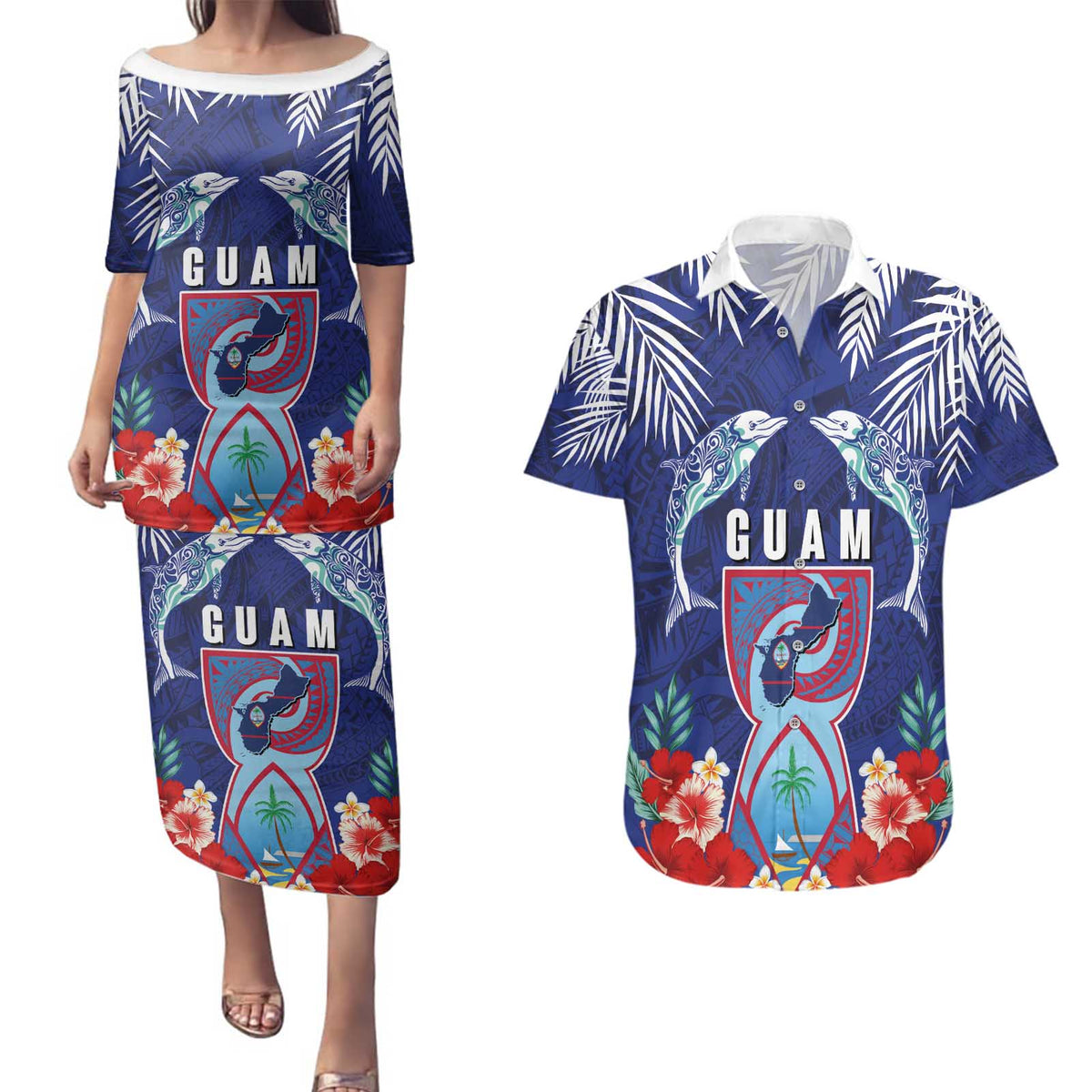 Guam Liberation Day Couples Matching Puletasi and Hawaiian Shirt The Tribal Latte Stone and Dolphins with Hibiscus Chamorro Culture LT03 Blue - Polynesian Pride