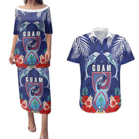 Guam Liberation Day Couples Matching Puletasi and Hawaiian Shirt The Tribal Latte Stone and Dolphins with Hibiscus Chamorro Culture LT03 Blue - Polynesian Pride
