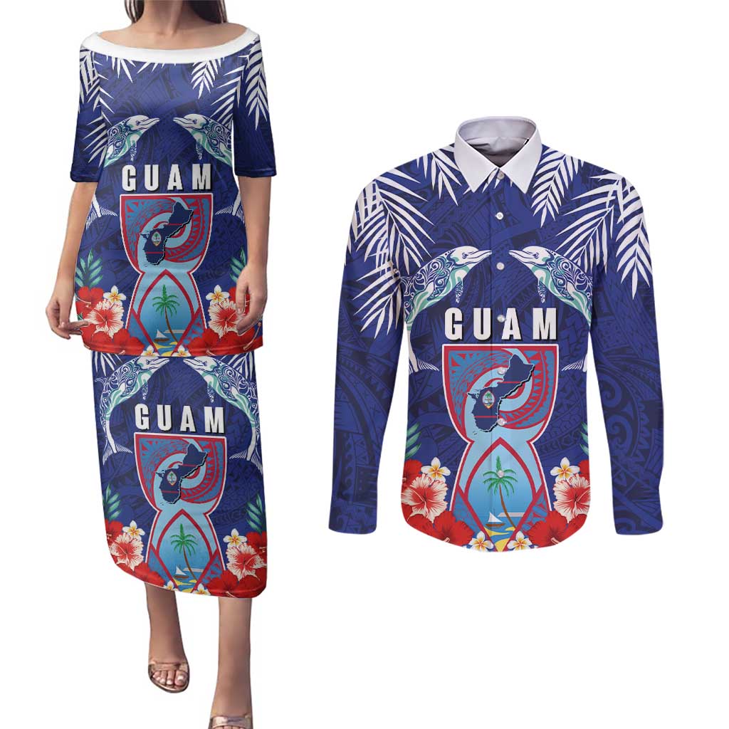 Guam Liberation Day Couples Matching Puletasi and Long Sleeve Button Shirt The Tribal Latte Stone and Dolphins with Hibiscus Chamorro Culture LT03 Blue - Polynesian Pride
