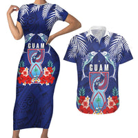 Guam Liberation Day Couples Matching Short Sleeve Bodycon Dress and Hawaiian Shirt The Tribal Latte Stone and Dolphins with Hibiscus Chamorro Culture LT03 Blue - Polynesian Pride