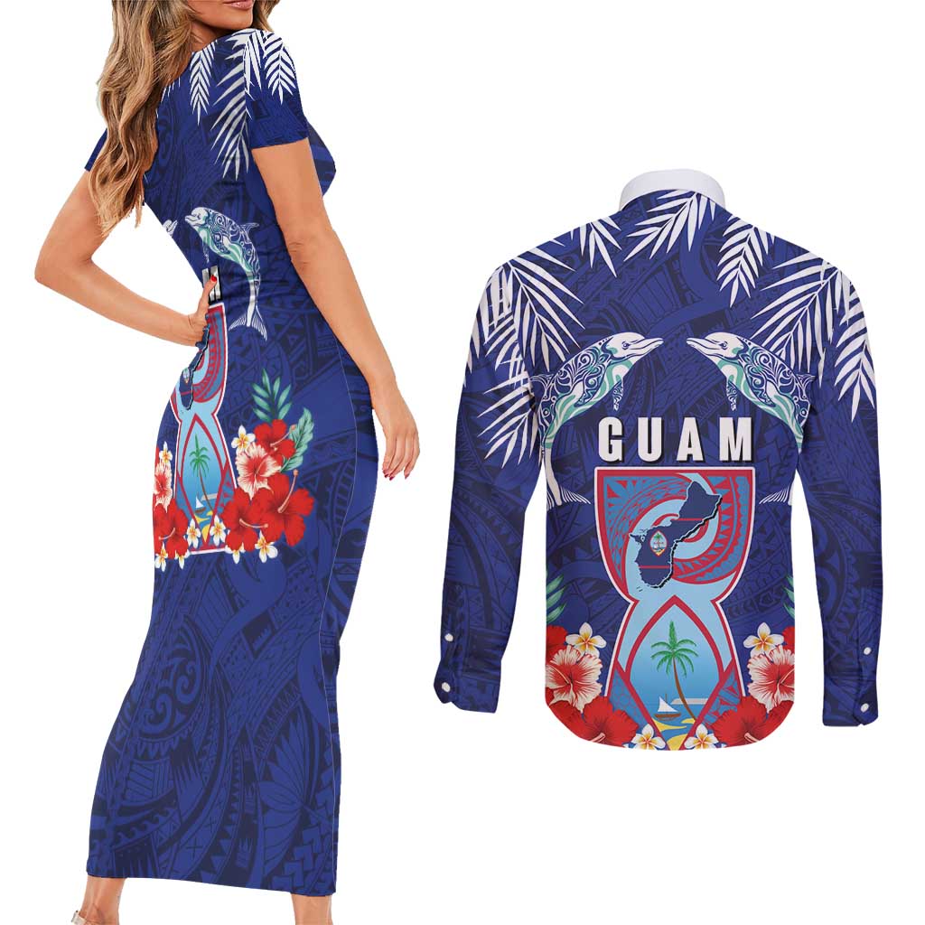 Guam Liberation Day Couples Matching Short Sleeve Bodycon Dress and Long Sleeve Button Shirt The Tribal Latte Stone and Dolphins with Hibiscus Chamorro Culture LT03 - Polynesian Pride