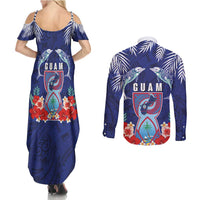 Guam Liberation Day Couples Matching Summer Maxi Dress and Long Sleeve Button Shirt The Tribal Latte Stone and Dolphins with Hibiscus Chamorro Culture LT03 - Polynesian Pride