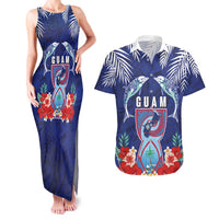 Guam Liberation Day Couples Matching Tank Maxi Dress and Hawaiian Shirt The Tribal Latte Stone and Dolphins with Hibiscus Chamorro Culture LT03 Blue - Polynesian Pride