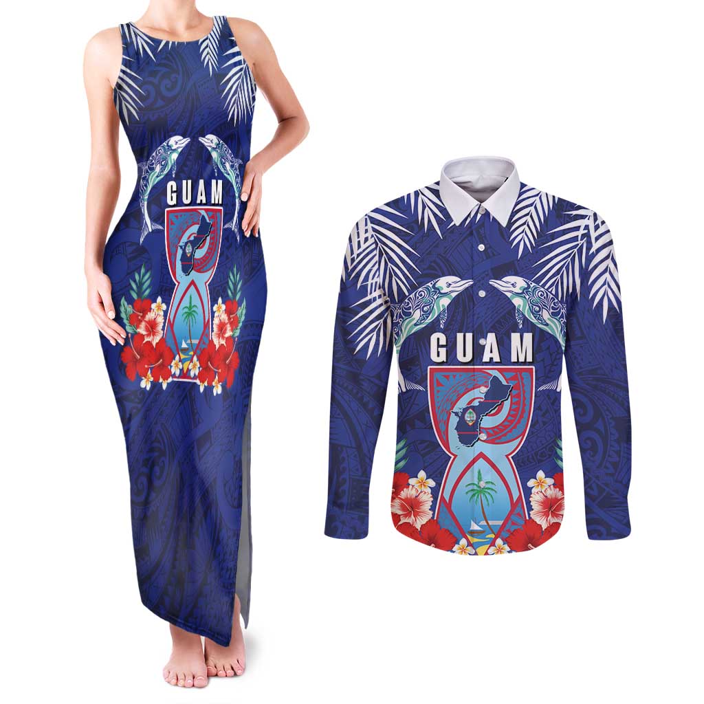 Guam Liberation Day Couples Matching Tank Maxi Dress and Long Sleeve Button Shirt The Tribal Latte Stone and Dolphins with Hibiscus Chamorro Culture LT03 Blue - Polynesian Pride