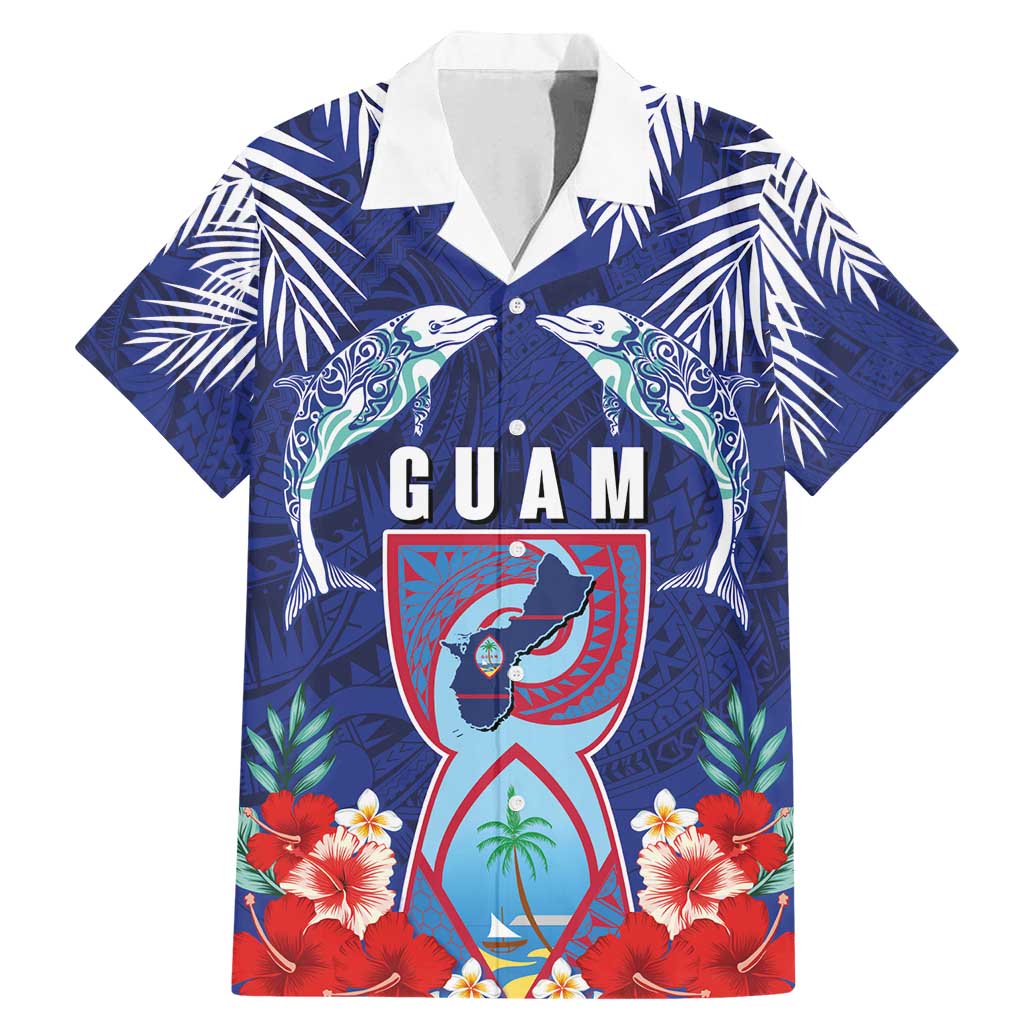 Guam Liberation Day Family Matching Mermaid Dress and Hawaiian Shirt The Tribal Latte Stone and Dolphins with Hibiscus Chamorro Culture LT03 Dad's Shirt - Short Sleeve Blue - Polynesian Pride