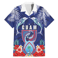 Guam Liberation Day Family Matching Mermaid Dress and Hawaiian Shirt The Tribal Latte Stone and Dolphins with Hibiscus Chamorro Culture LT03 Dad's Shirt - Short Sleeve Blue - Polynesian Pride