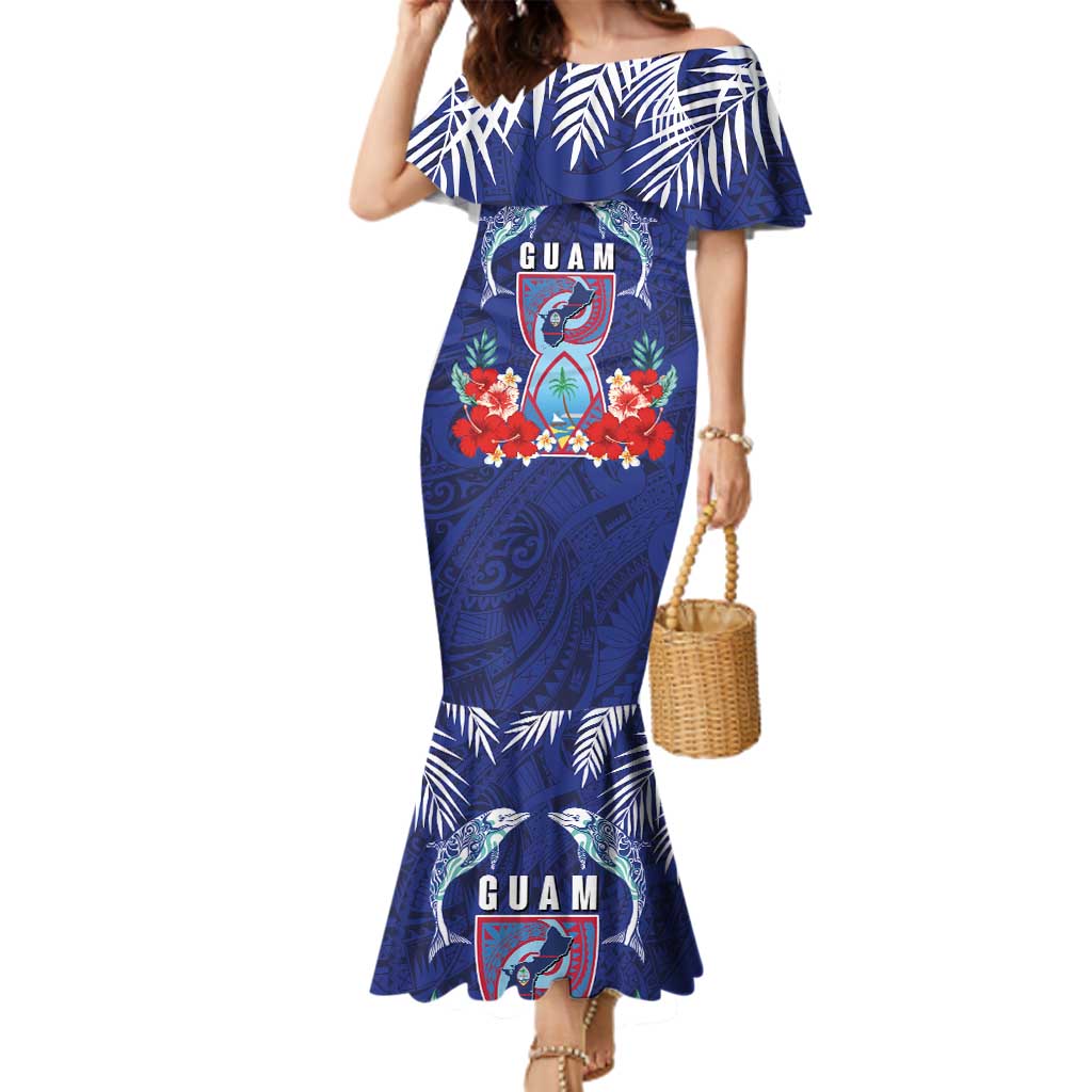 Guam Liberation Day Family Matching Mermaid Dress and Hawaiian Shirt The Tribal Latte Stone and Dolphins with Hibiscus Chamorro Culture LT03 Mom's Dress Blue - Polynesian Pride