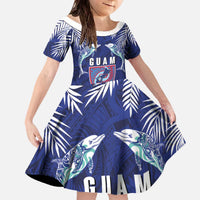 Guam Liberation Day Family Matching Off The Shoulder Long Sleeve Dress and Hawaiian Shirt The Tribal Latte Stone and Dolphins with Hibiscus Chamorro Culture LT03 Daughter's Dress Blue - Polynesian Pride