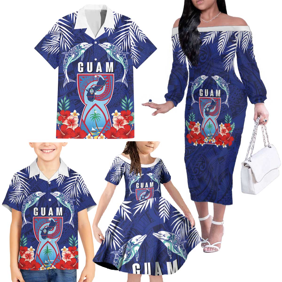 Guam Liberation Day Family Matching Off The Shoulder Long Sleeve Dress and Hawaiian Shirt The Tribal Latte Stone and Dolphins with Hibiscus Chamorro Culture LT03 - Polynesian Pride