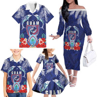 Guam Liberation Day Family Matching Off The Shoulder Long Sleeve Dress and Hawaiian Shirt The Tribal Latte Stone and Dolphins with Hibiscus Chamorro Culture LT03 - Polynesian Pride