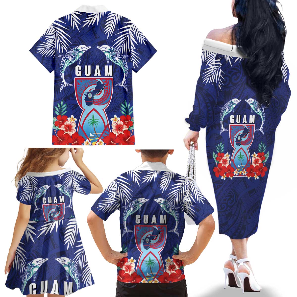 Guam Liberation Day Family Matching Off The Shoulder Long Sleeve Dress and Hawaiian Shirt The Tribal Latte Stone and Dolphins with Hibiscus Chamorro Culture LT03 - Polynesian Pride