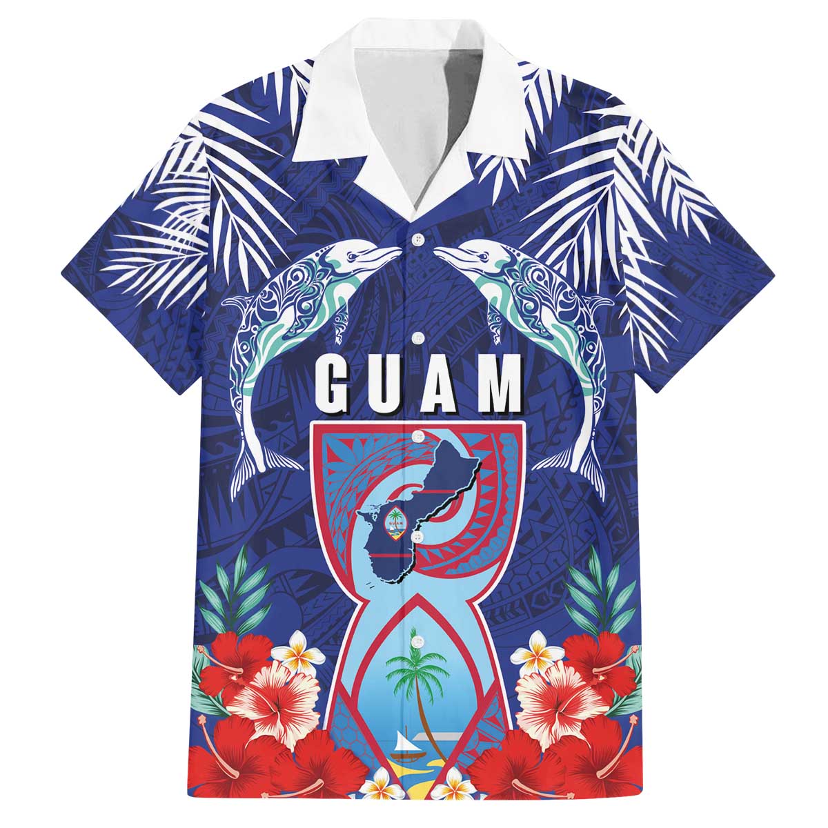 Guam Liberation Day Family Matching Off The Shoulder Long Sleeve Dress and Hawaiian Shirt The Tribal Latte Stone and Dolphins with Hibiscus Chamorro Culture LT03 Dad's Shirt - Short Sleeve Blue - Polynesian Pride
