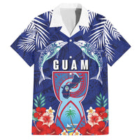 Guam Liberation Day Family Matching Off The Shoulder Long Sleeve Dress and Hawaiian Shirt The Tribal Latte Stone and Dolphins with Hibiscus Chamorro Culture LT03 Dad's Shirt - Short Sleeve Blue - Polynesian Pride