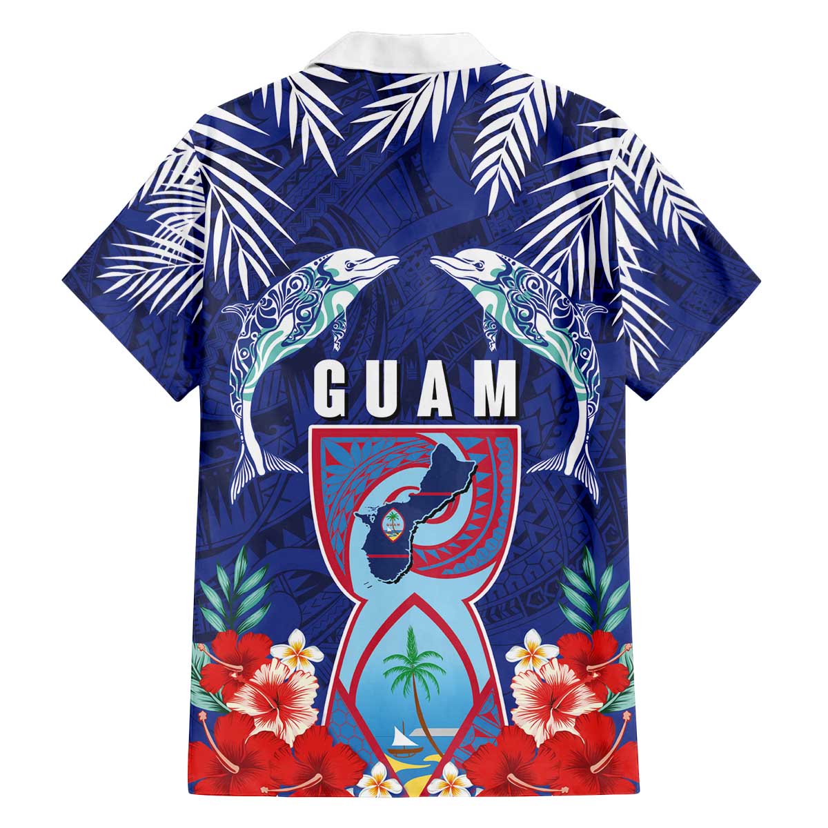 Guam Liberation Day Family Matching Off The Shoulder Long Sleeve Dress and Hawaiian Shirt The Tribal Latte Stone and Dolphins with Hibiscus Chamorro Culture LT03 - Polynesian Pride