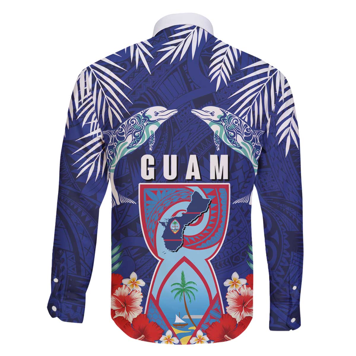 Guam Liberation Day Family Matching Off The Shoulder Long Sleeve Dress and Hawaiian Shirt The Tribal Latte Stone and Dolphins with Hibiscus Chamorro Culture LT03 - Polynesian Pride