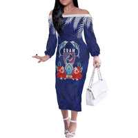 Guam Liberation Day Family Matching Off The Shoulder Long Sleeve Dress and Hawaiian Shirt The Tribal Latte Stone and Dolphins with Hibiscus Chamorro Culture LT03 Mom's Dress Blue - Polynesian Pride