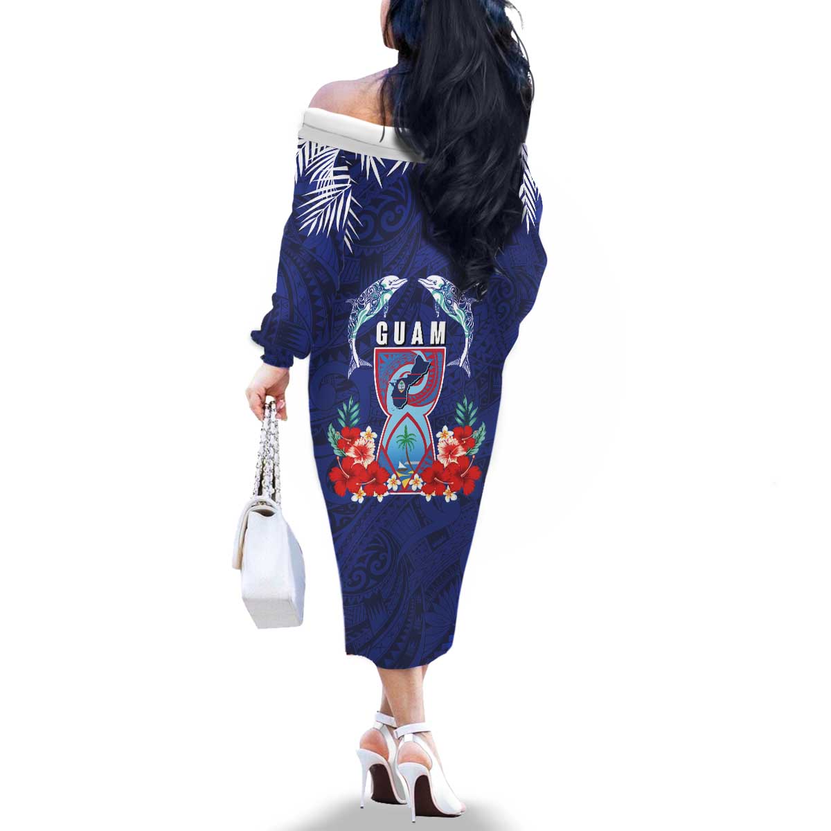 Guam Liberation Day Family Matching Off The Shoulder Long Sleeve Dress and Hawaiian Shirt The Tribal Latte Stone and Dolphins with Hibiscus Chamorro Culture LT03 - Polynesian Pride